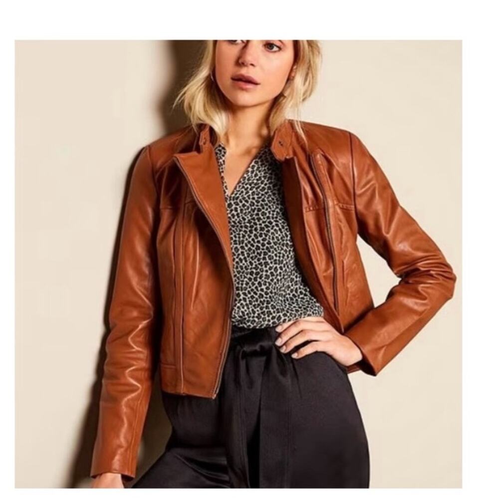 Michael Kors Carmel Brown Moto  100 % leather jacket medium small - Picture 2 of 15